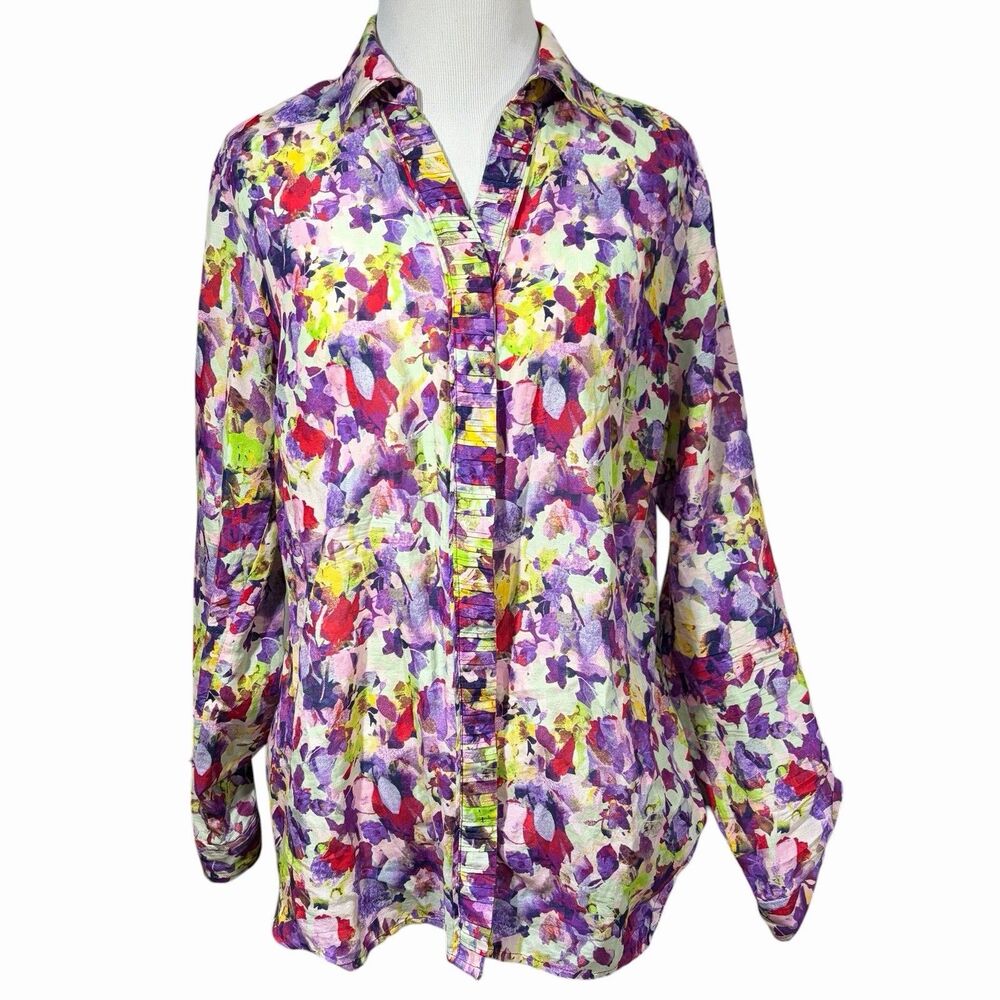 Coldwater Creek Paintbrush Floral Blouse S 8 Silk Cotton Blend Ruffle Button